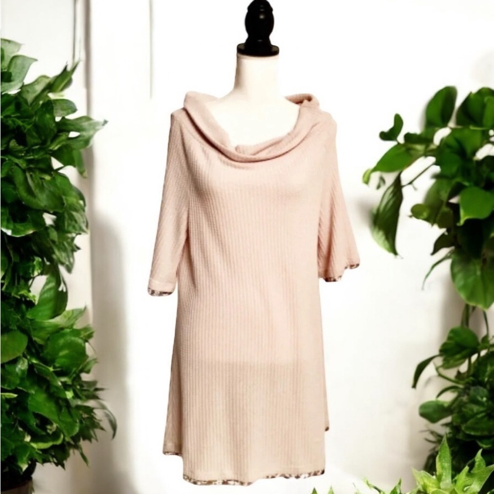 Easel Waffle Knit Cowl Neck Longline Sweater Tunic Floral Trim S